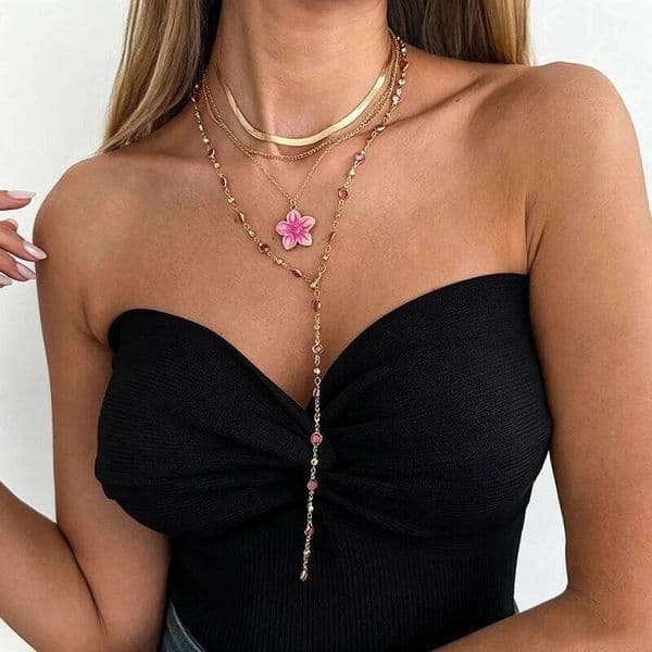 4Pcs/set Elegant Dripping Oil Flower Pendant Necklace For Women Blue Pink Crystal Zircon Bead Tassel Chain Daily Party Jewelry