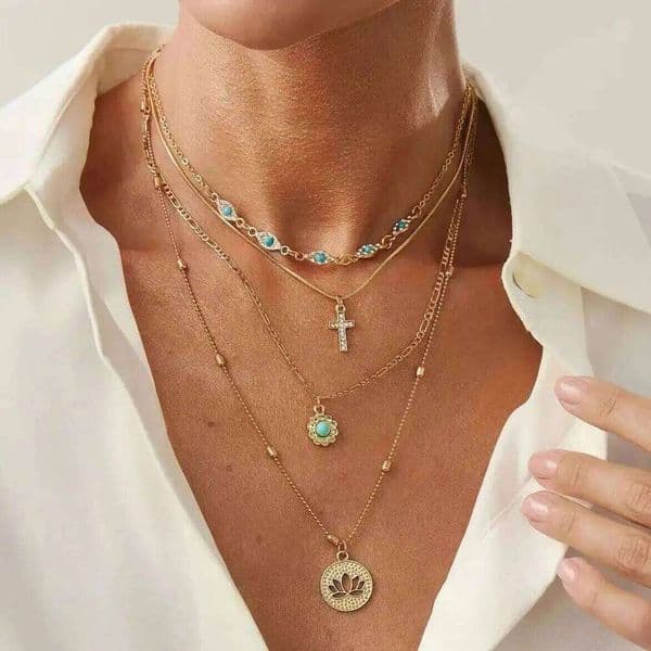 Lacteo 4 Pcs/Set Trendy Vintage Cross Round Flower Pendant for Women 2025 Boho Gold Color Multi Layer Necklace Jewelry