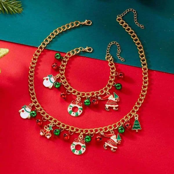 Creative Christmas Elements Metal Chain Bracelets for Women Men Santa Claus Tree Elk Snowman Pendant Necklace Festival Jewelry