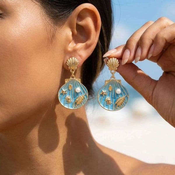 Design Sense Blue Shell Pearl Stud Earrings For Women Exquisite Conch Scallop Crab Pendant Earring Summer Beach Party Jewelry