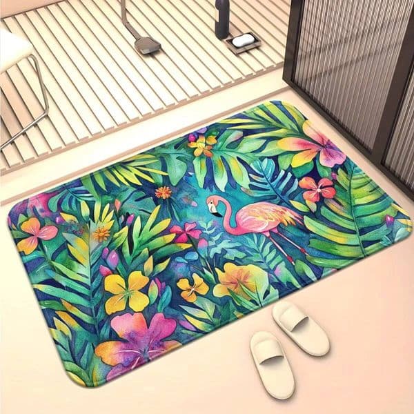 1 Piece Tropical Flamingo Hibiscus Flower Non-Slip Absorbent Machine Washable Polyester Floor Colorful Plant Art Bathroom Mat