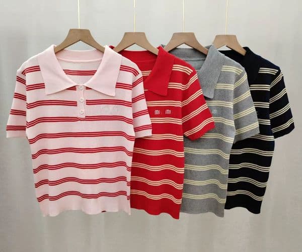 uropean goods luxury 2026 lapel summer knitting new short-sleeved sweater striped fashion Joker top women's fashion tide