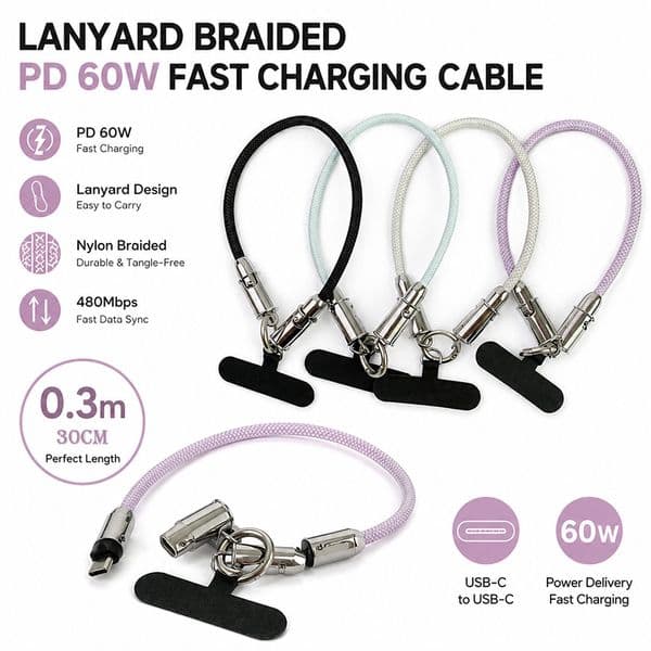 PD60W USB-C to USB-C Charging Cable 2-in-1 Multi-Functional Lanyard Cord 0.3m/30cm Braided Short Cable Assorted Colors for All Type-C Phones Tablets Laptops