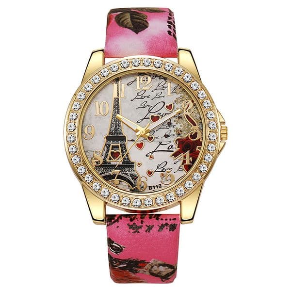 Fashion Casual Cheap Eiffel Tower Unique Design Diamond love Girl Ladies Glass Leather Alloy Quartz Watch for Women Girl Jewlery