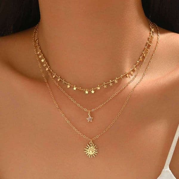 Gold Layered Star Set For Women 3PCS Dainty Sun Pendant Choker Adjustable Necklace for Daily Beach Party Gift