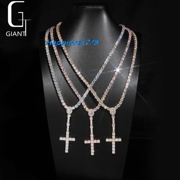 New Fashion Custom Hip Hop 925 Silver Cross Moissanite Pendant Necklace Moissanite Tennis Chain for Men