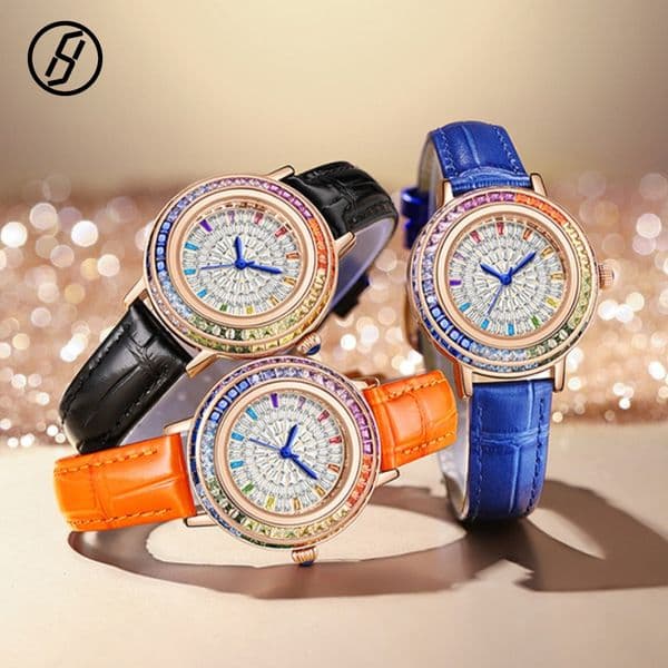 Women Colorful Diamond Starry Sky Dial Watch Sapphire Crystal Bamboo Pattern Leather Strap Japan Movement Quartz Watch Elegant Business Original Design Watch
