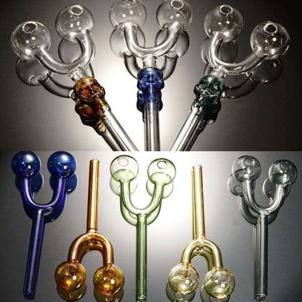20pcs Free-Shipping Skull Design Oil Burner Glass Pipes Dual Chambers Mini Glass Bongs for Smoking