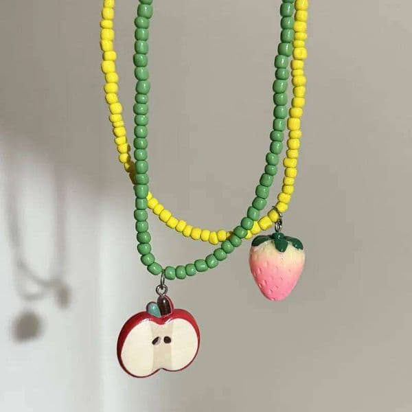 Dopamine Colored Apple Bead Choker Korean Style Fresh Fruit Pendant Necklace for Women And Girls Party Accessory