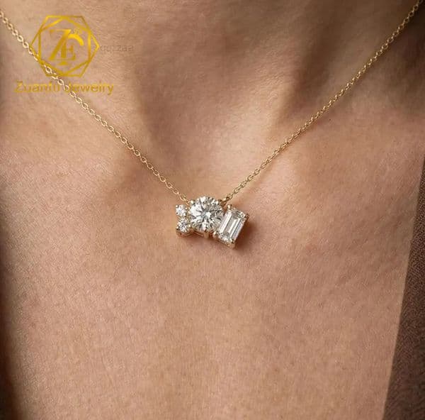 Luxury Lab Grown Diamond Pendant Necklace 14K Solid Gold Fancy Shape Single Stone Clavicle Chain for Women