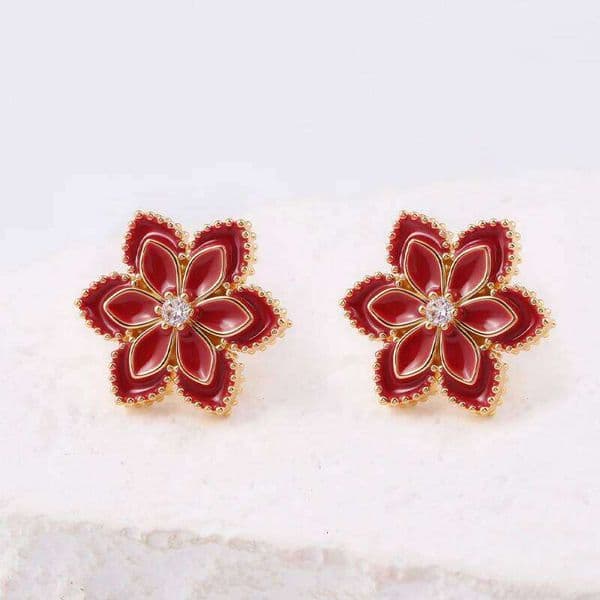 Designer Silver Base Red Glaze Plum Blossom Zircon Stud Chinese Style Floral Earrings Women's Daily Office Exquisite Accessories