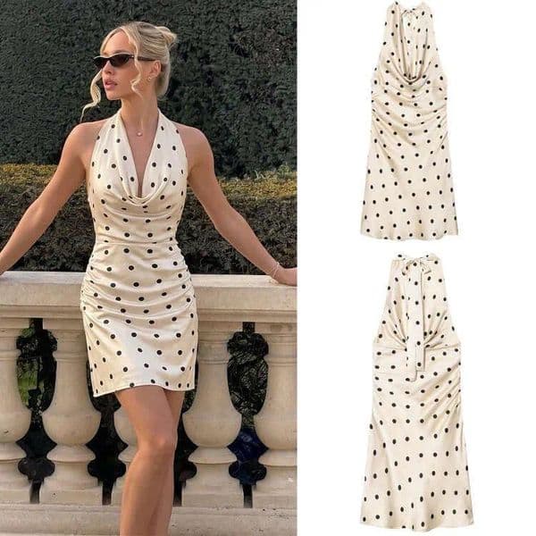 Cross-Border Women's Fashion Spring-Summer New Elegant Satin Short Dress, Trendy European And American Style Polka Dot Halter Neck Slim-Fit Dress e3d6