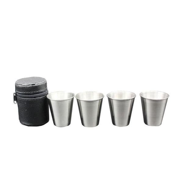 Portable Stainless Steel Shot Glasses Set 70ml 2.3oz with Faux Leather Sleeve & Zippered Carrying Case Durable for Outdoor Travel, Camping, Spirits & Liquor