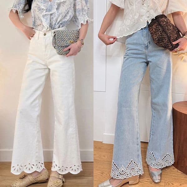 French style niche 2026 summer micro trumpet toe petal hollow embroidery slim fit jeans cropped pants