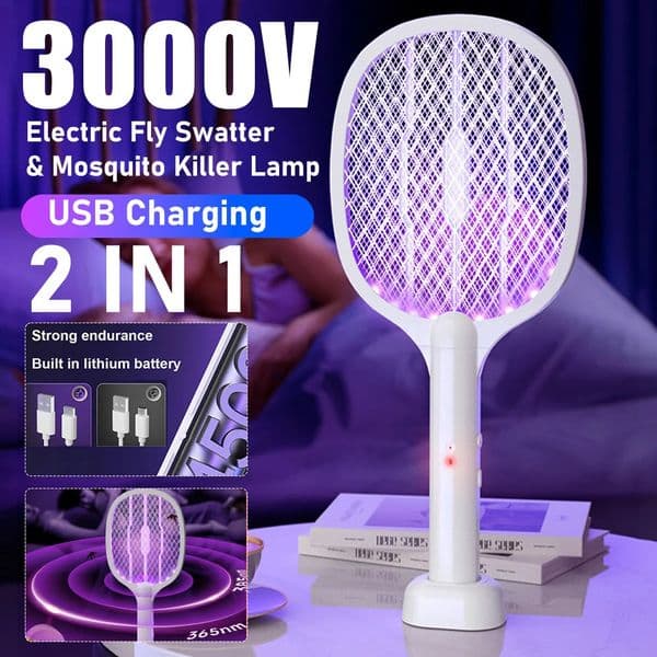 2 in 1 Electric Fly Swatter Handheld Fly Killer and Mosquito Trap Lamp Safe Rechargeable for Home Office Backyard Patio Camping 260609