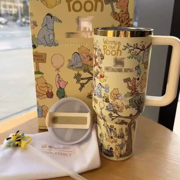 40oz Insulated Tumbler with Handle and Straw Stainless Steel Cartoon Bear Car Cup with Bee Topper Gift Box Vacuum Travel Mug Double Wall Water Bottle