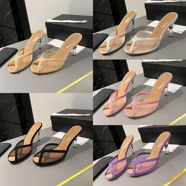 Sophisticated Women Mesh Heels Premium Sandal Clear Heels Slippers Polished Leather Pumps Evening Party Summer Sliders Dress Shoes 1039