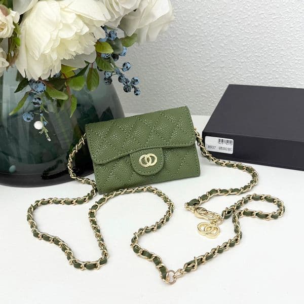 Premium Calfskin Leather with Caviar Texture High-Quality Genuine Leather Chain Wallets, Card Holders, ID Cases, and Mini Coin Purses 10A