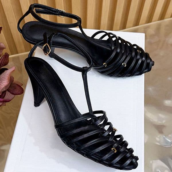 Women Fashionable Cage Heeled Sandal Goats Conic Leather Covered Heel Design Non Slip Leather Outsole High Heeled Sandals Suitable Daily Outfit Shoes