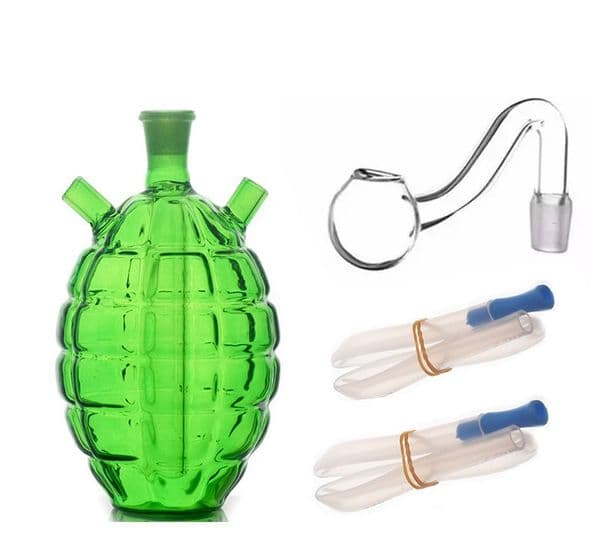 Wholesale Mini Travel Grenade Green Colorful glass oil burner pipe 10mm Female Creative Water bong hooakh With smoking oil banger bowl and two silicone hose