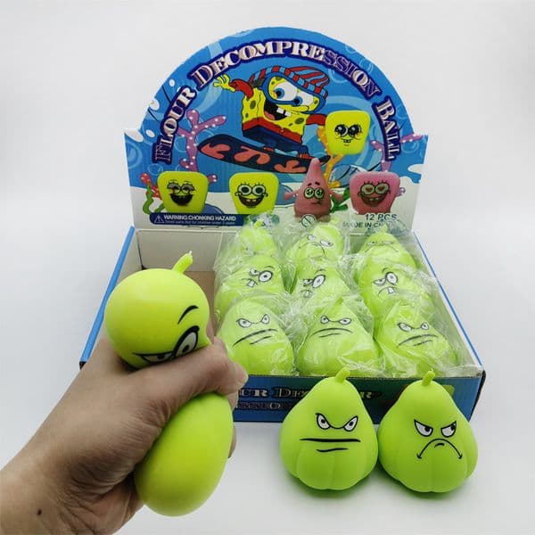 Green Pear Shaped Squeeze Toy Angry Expression Stress Relief Fidget Toy BY Sea