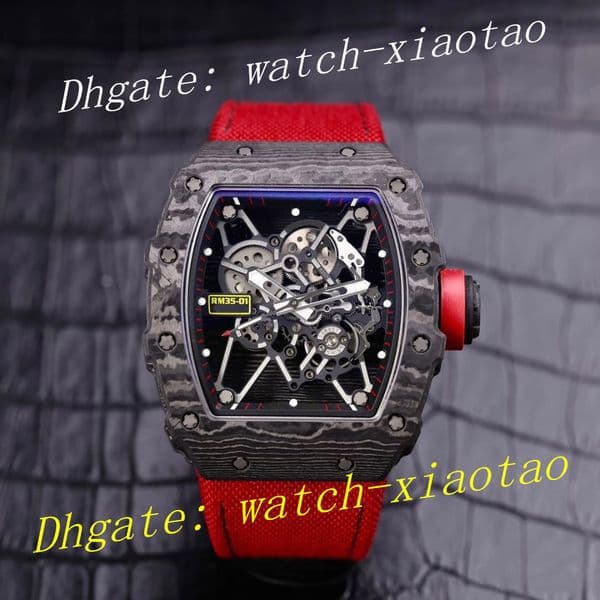 Super Factory Mens Watch Carbon Fiber Case 35 02 AL RED Dial Rubber Strap 42.7mm X 49.9mm Automatic Movement Transparent Back Classic Original Clasp Men's Wristwatches