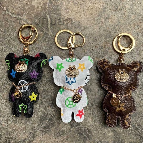 Bear Key Chain Accessories Fashion Rhinestone Key Ring PU Leather Bear Pattern Car Keychain Jewelry Bag Charm Animal Keyring Holder 6 Colors