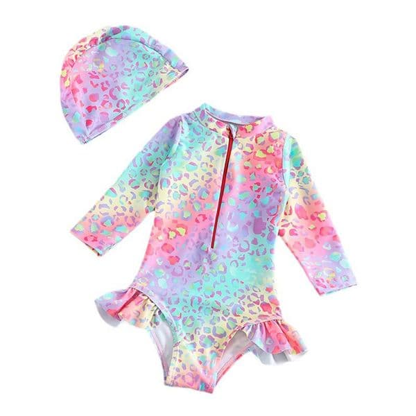 Girls' Swimwear one-piece long sleeved sunscreen baby surfing suit colorful ruffled edge children's swimsuit Summer Beach Suits quick drying cute set