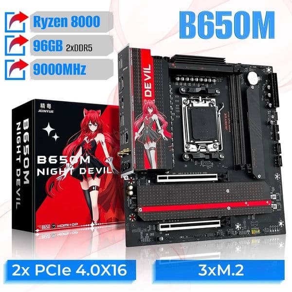 JGINYUE B650M NIGHT DEVIL Desktop Gaming Motherboard AM5 DDR5 96GB 9000MHz M-ATX USB 32 M2x2 for AMD Ryzen 7 9700X
