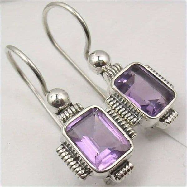 Dazzling Silver Color Purple CZ Dangle Earrings Woman Geometry Square Party Daily Wear