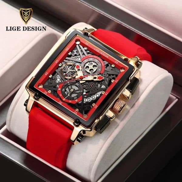 LIGE Men's quartz Watch high-grade rectangular watch zinc alloy case High quality silicone strap men's sports waterproof watch