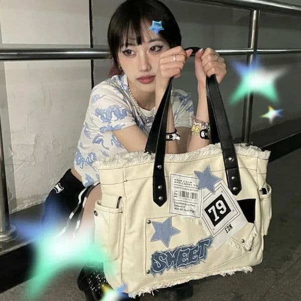 Star Letters Tassel Vintage Canvas Tote Bags Japanese High-capacity Harajuku Shoulder Underarm Bag Women Y2k Aesthetic Handbags 240830