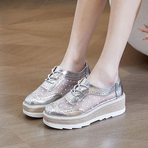 2025 new designer air-mesh platform brogue woman lace up leather patchwork sier flats female breathable wedg 6274