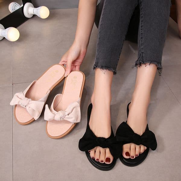 concise bow-knot band flat sandals women open toe solid color flip ps suede leather bow beach sandalias mujer big 9c8e
