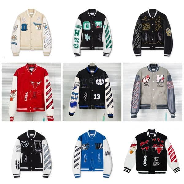Offs mens White Jacket Embroidered Heavy Industry Letter Wool Spliced Leather Sleeve mens womens varsity Vintage Wind Hip Hop Loose Long Baseball Outerwear top hj