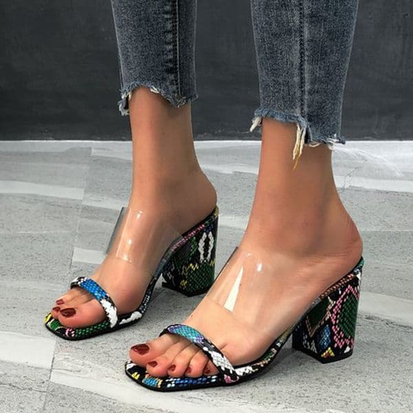 2020European snake pattern clear band sgback woman pumps open toe slip on thick high heels shoes women sandals plus s cec6