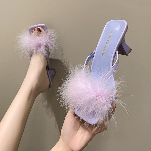 2025 new summer high heels fur slippers sweet purple furry flip ps bran designer feather jandal sandals wome 3635