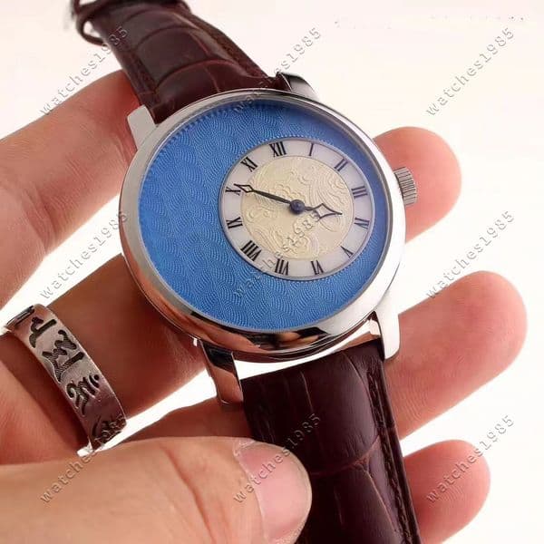 Unique design blue glass mechanical watch 3-point position 2-pin dual dial Men's watch real leather strap automatic import mechanical movement 42mm Carved surface
