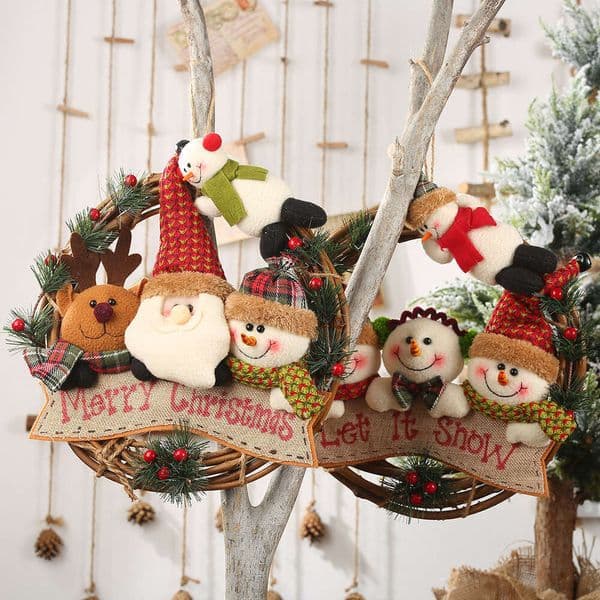 Haobei New Decorative Products Elderly Snowman Elk Ring Small Work Rattan Wreath Pendant