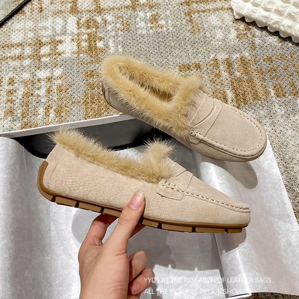 Genuine Leather Mink fur flats woman soft pigskin cotton padded winter shoes warm plush moccasins women furry 57f0