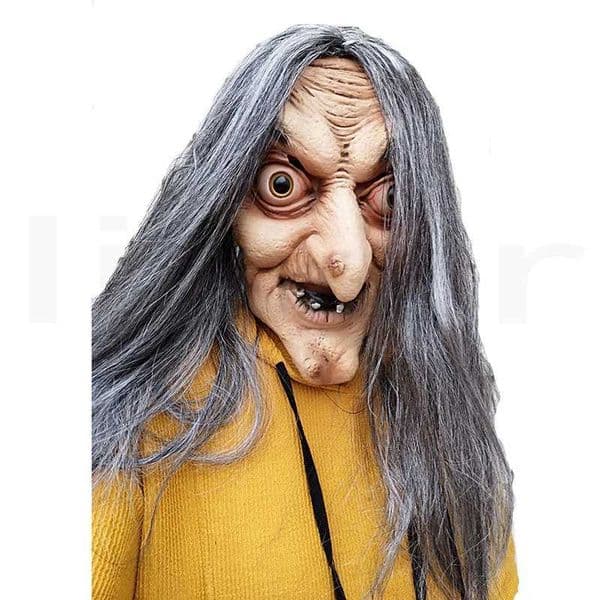 Terrifying old witch latex mask with hair Halloween fancy dress gray party costume cosplay mask prop adult size one W240905