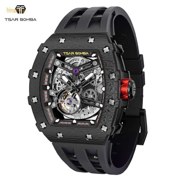 TSAR BOMBA Carbon fiber Skeleton Mens Watches nical Automatic Watch for Men