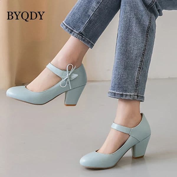 BYQDY Women Pumps 7cm High Thick Block Heels Round Toe Mary Janes Footwear Wedding Dress Office Lady Ankle Strap Shoes with Bo 9519