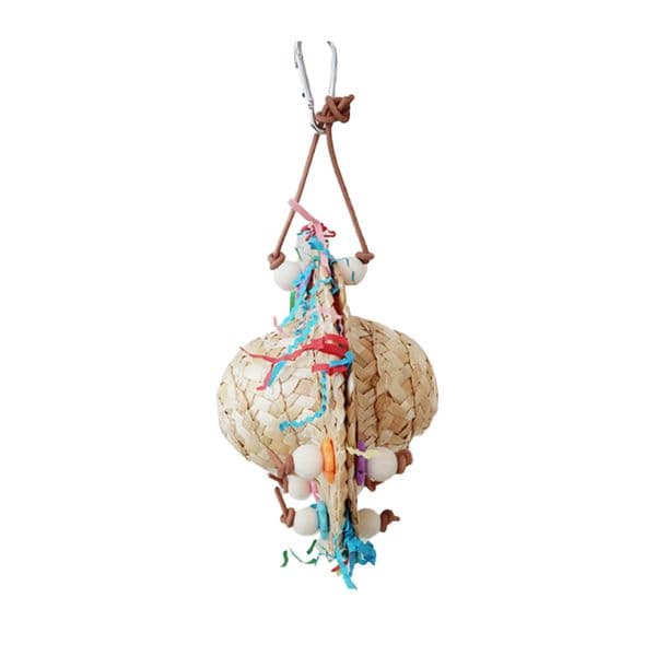 Parrot Toys Bird Foraging Toys Straw Hat Shape Bird Chewing Toy Bite Resistant Cage Hanging Decoration For Parakeet Cockatiel