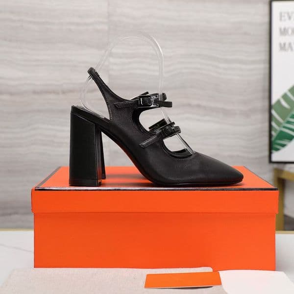 High Heels Designer Sandals Classics Metal Buckle Square head Chunky Heel 8cm Summer Genuine Leather Woman Wedding Shoes Dress shoes Daily Outfit Formal Events