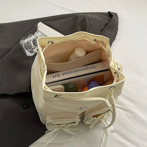 Cute Korean drawstring backpack bow ballet style nylon bag large capacity backpack bow backpack travel 240912