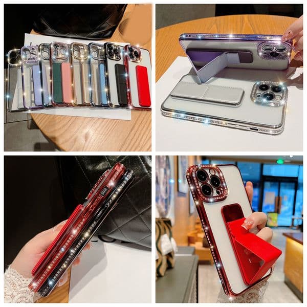 Bling Diamond Chromed Kickstand Cases For Iphone 17 Air 16 Plus 15 14 Pro Max 13 12 11 X XR Luxury Clear Rhinestone Plating Metallic Soft TPU Phone Cover Holder