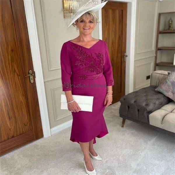 Stylish Mother Of The Bride Dress With Lace V Neck 3/4 Sleeves Midi Evening Dress Satin Groom Mother's Wedding Guest Dress 2025 Elegant Cocktail Party Robe De Soiree Chic