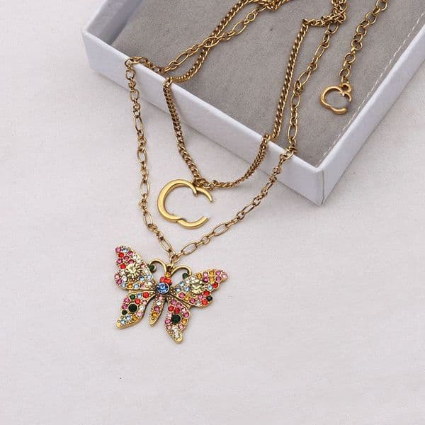 Designer Brand Vintage Colored Dia Colorful Butterfly Choker Pendant Necklaces Chain Women Jewelry Accessories Wedding Gift