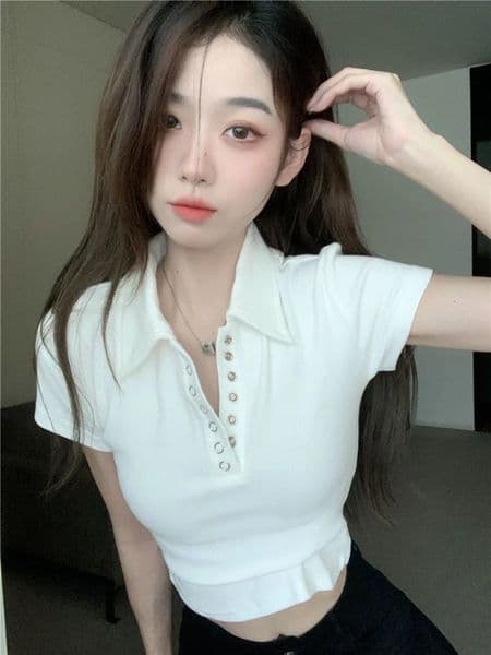 2026 Designer women s Polo collar shirt sexy crop top plain color women s T button slim fit white women s clothing sales trend youth basic style free shipping